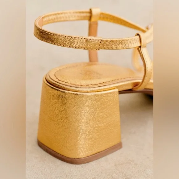SEZANE PERNILLE SANDALS GOLD 37 6.5 Strappy Block Heel Square Toe Metallic Shoes - Picture 4 of 16